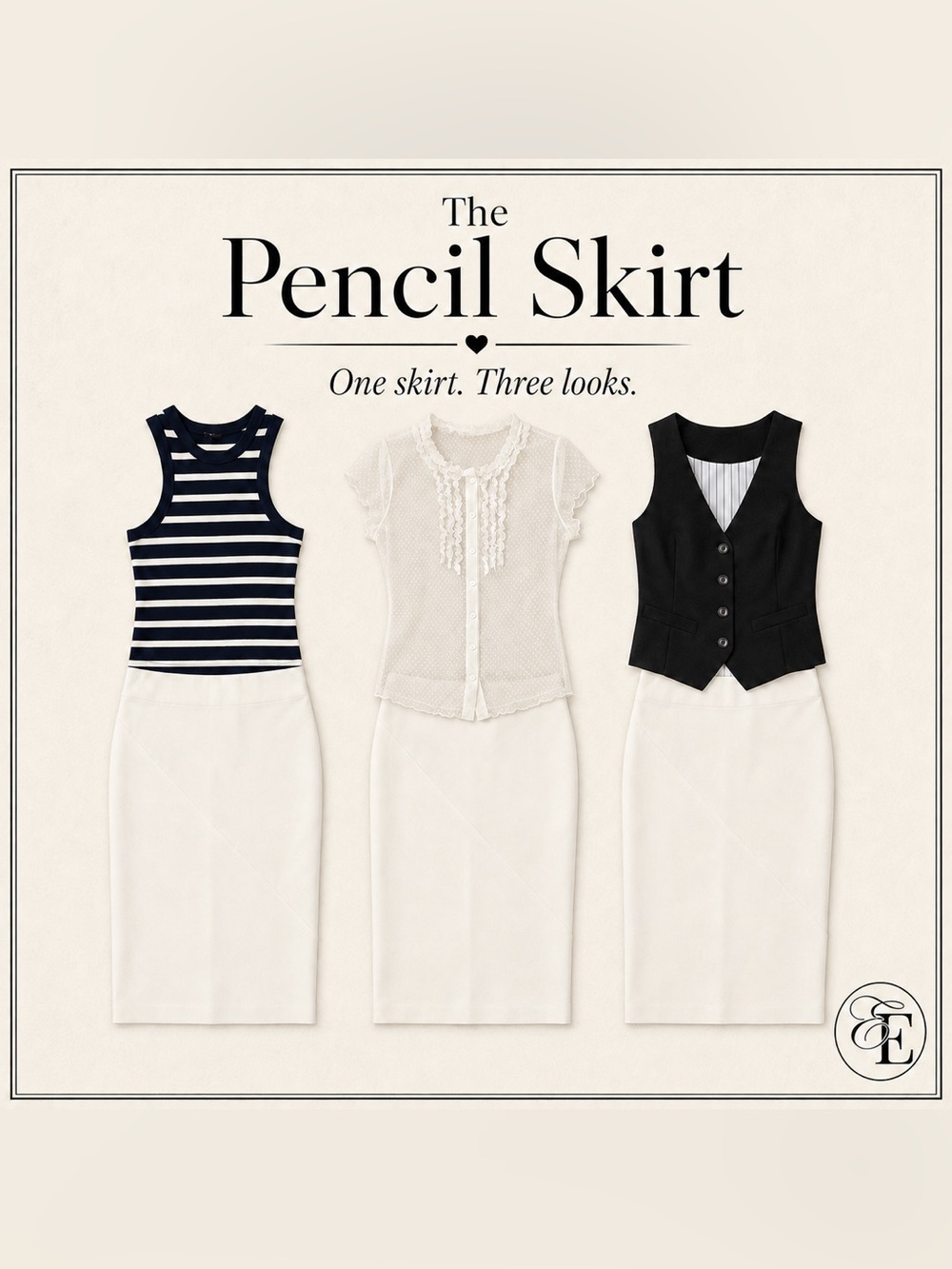 Women’s XXS–S 4-Piece Capsule Bundle | White Pencil Skirt & 3 Tops
